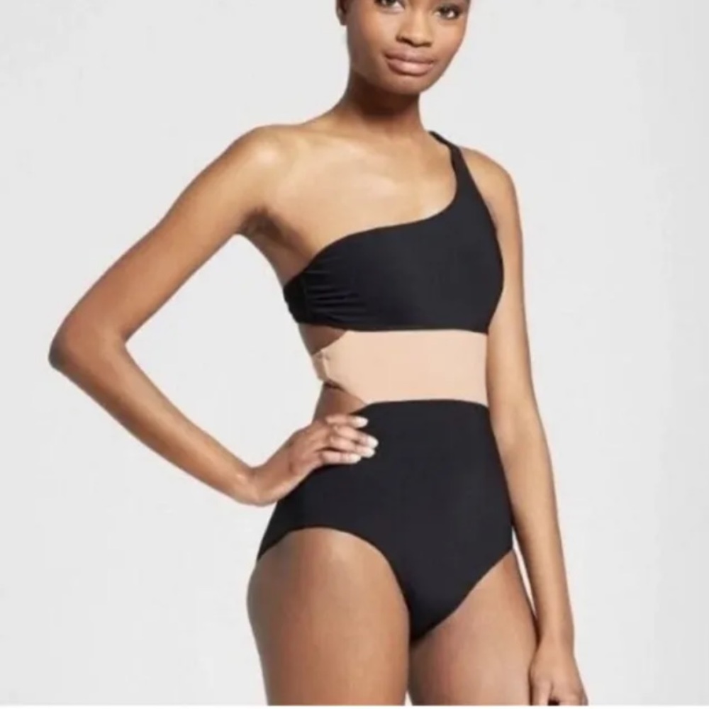 SUNN Lab Swim One Shoulder Color block One-Piece Swimsuit Black, Tan SMALL *NWT*